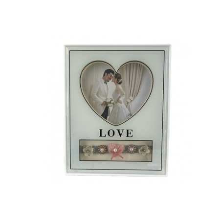 Rama foto din plastic, cu leduri, cu inima, aplicatii de floricele si ...