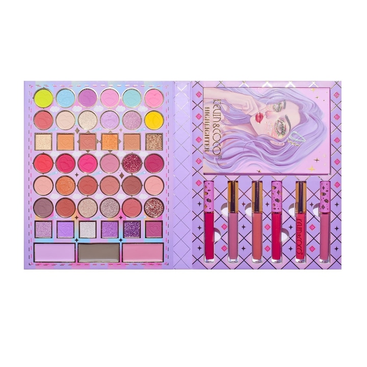 Комплект от 8 продукта за грим, KEVIN & COCO, Violet Fairy, 51 цвята, 19,5 x 24,5 x 2,5 cm