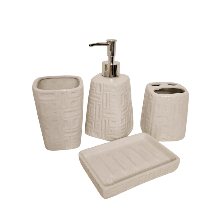 Set accesorii pentru baie, 4 piese, din ceramica, albe, dozator de sapun, suport periuta si pasta de dinti, pahar si suport sapun solid