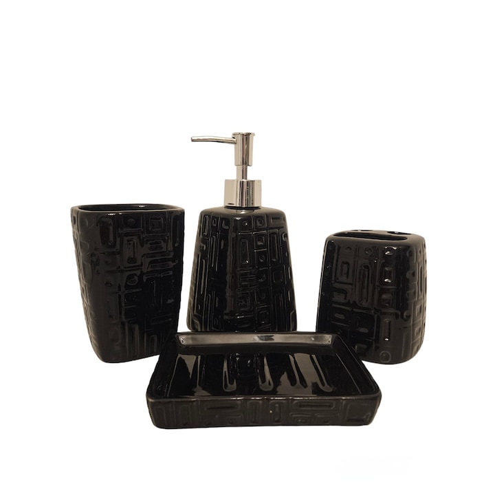 Set accesorii pentru baie, 4 piese, din ceramica, negre, dozator de sapun, suport periuta si pasta de dinti, pahar si suport sapun solid