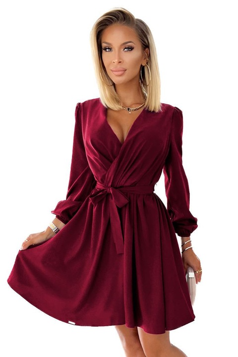 Rochie mini cu decolteu si curea, Numoco, Visiniu