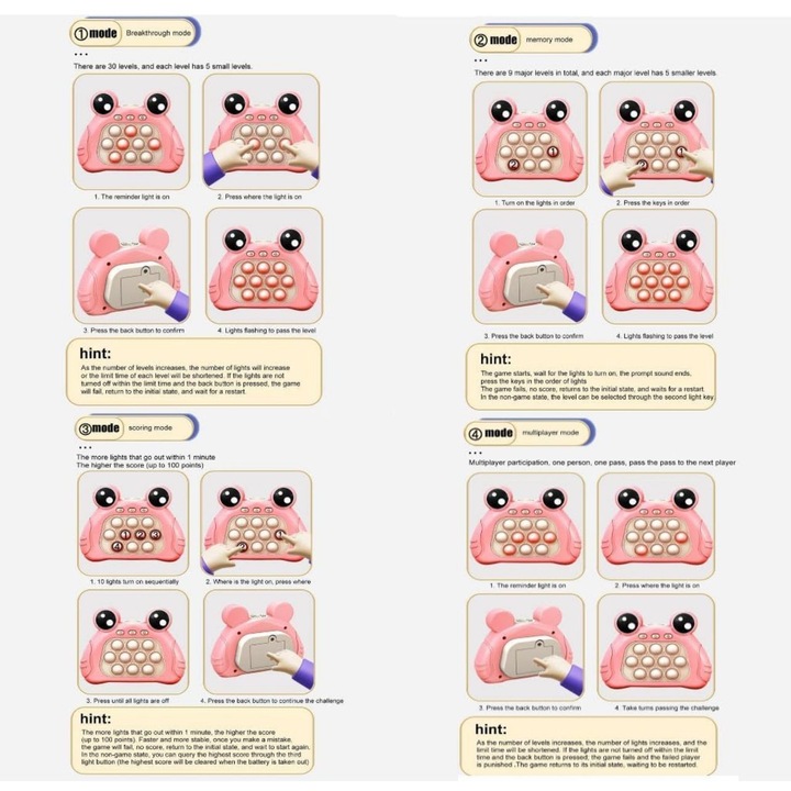 Jucarie Pop It electronic PINK, interactiv, consola pentru copii si adulti, Sunete si Lumini, Portabil, 200 Niveluri, 4 Moduri, Multiplayer, Memorie, Score Mode, Antistres