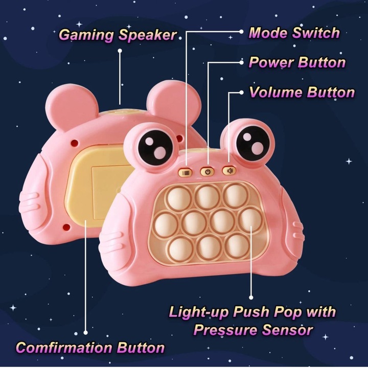 Jucarie Pop It electronic PINK, interactiv, consola pentru copii si adulti, Sunete si Lumini, Portabil, 200 Niveluri, 4 Moduri, Multiplayer, Memorie, Score Mode, Antistres