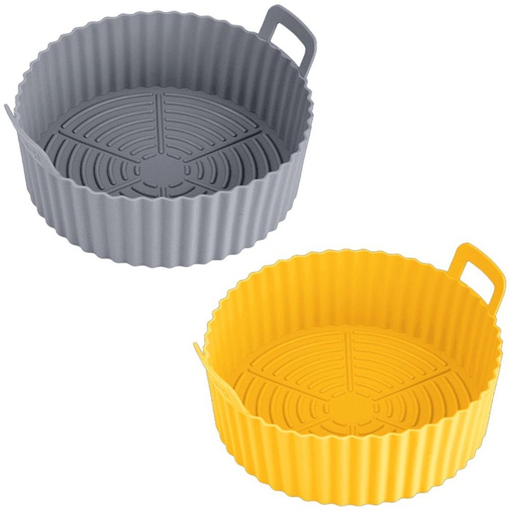 2 db kerek sütőlap készlet légsütőkhöz, BonsMar®, szilikon, megerősített fogantyúk, sárga/szürke