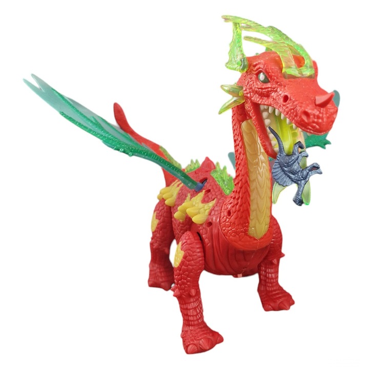 Jucarie interactiva dragon, cu lumini si muzica, cu proiectie, depunere automata a oualor, culoare rosu, marime 45cm