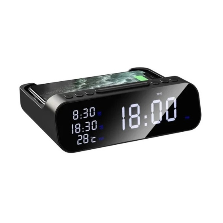 Többfunkciós vezeték nélküli töltő, óra/hőmérő, gyorstöltés, 15 W, fekete