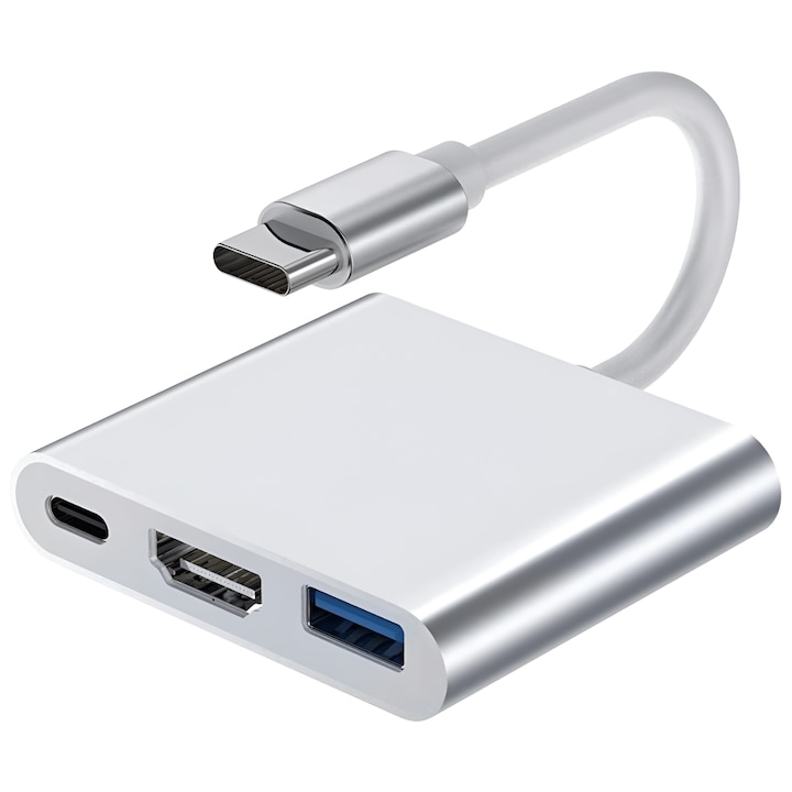 Hub Adaptor Multiport 3 in 1 Velixo®, USB-C, USB 3.1, HDMI 4K, Plug&Play, 10 Gbps, Chipset 1.4 Suport 3D, Docking Station pentru Laptop, MacBook Air/Pro, Chromebook, Tableta, Portabil, din Aluminiu, Cablu 15 cm, Gri