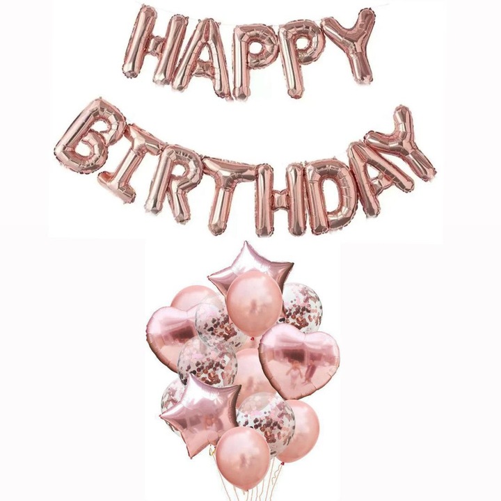 Set 27 baloane Happy Birthday, Selling Depot, confetti, forma de inima si stea, pentru petreceri, evenimente, aniversari, rose
