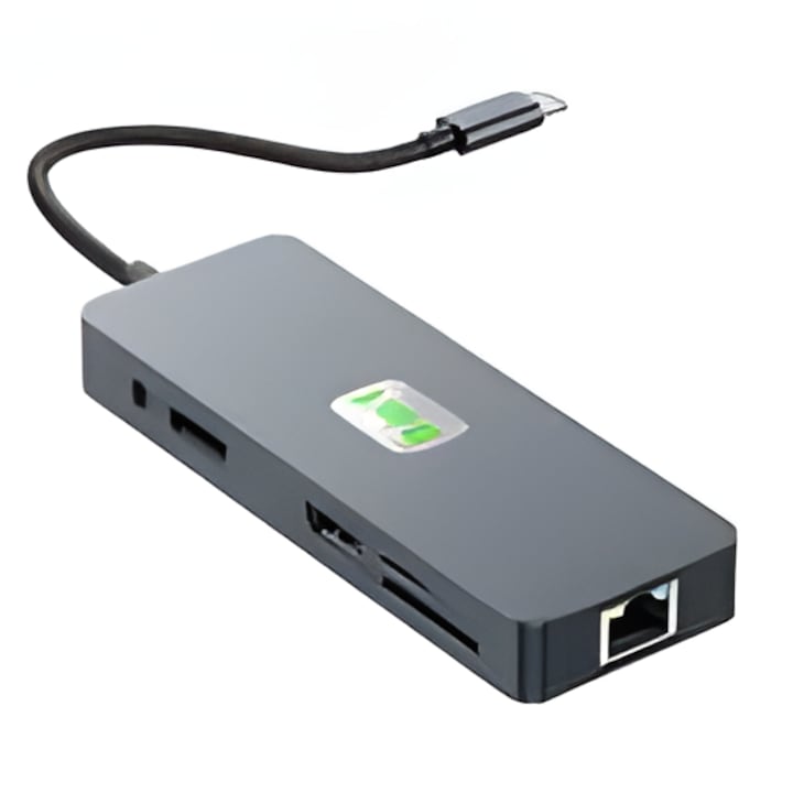 Adaptor Hub Multiport 11 in 1 WellLuck, Gigabit network, Port USB-C PD 100W, 3 Porturi USB-A 3.2, Port VGA 1080P, LAN RJ 45 Ethernet 1000Mb/S, Card SD si TF, Port HDMI 4K 60 Hz, Mufa Audio Jack, Statie Incarcare compatibil Laptop, MacBook Air/Pro