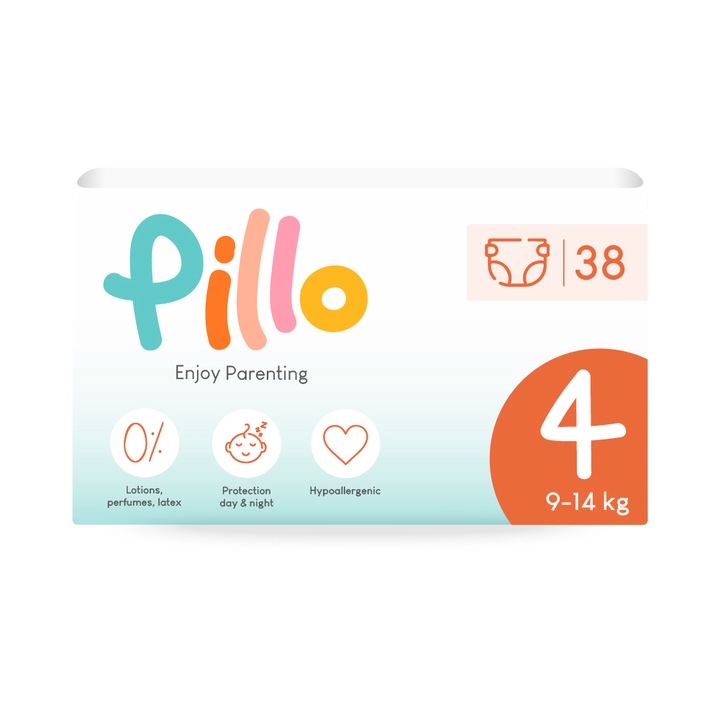 Scutece Pillo, Super absorbant, Hipoalergenic, Sustenabil, Marimea 4, 9-14 Kg, 38 buc