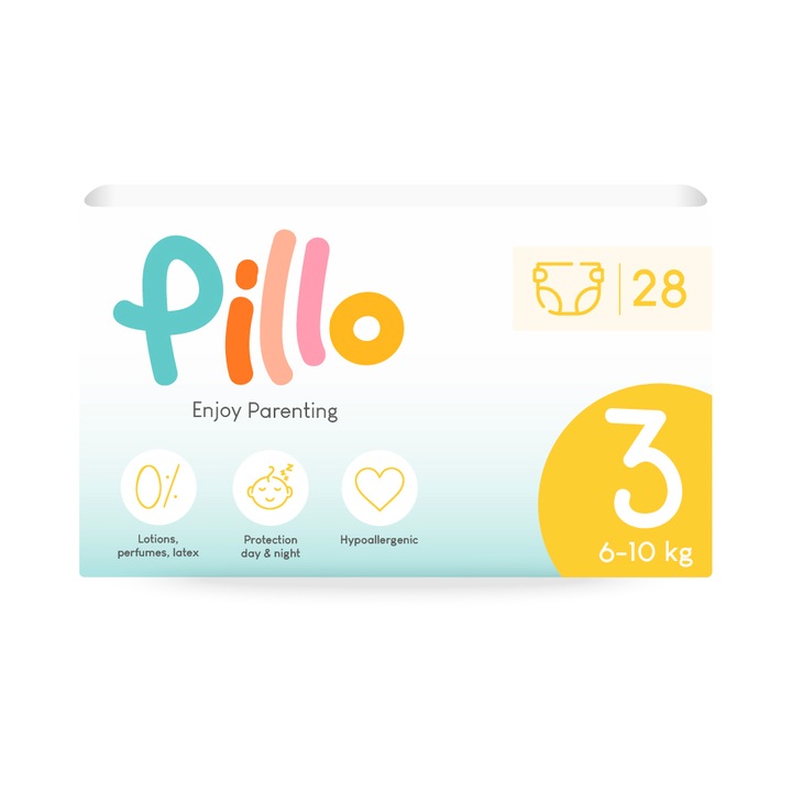 Scutece Pillo, Super absorbant, Hipoalergenic, Sustenabil, Marimea 3, 6-10Kg, 28 buc