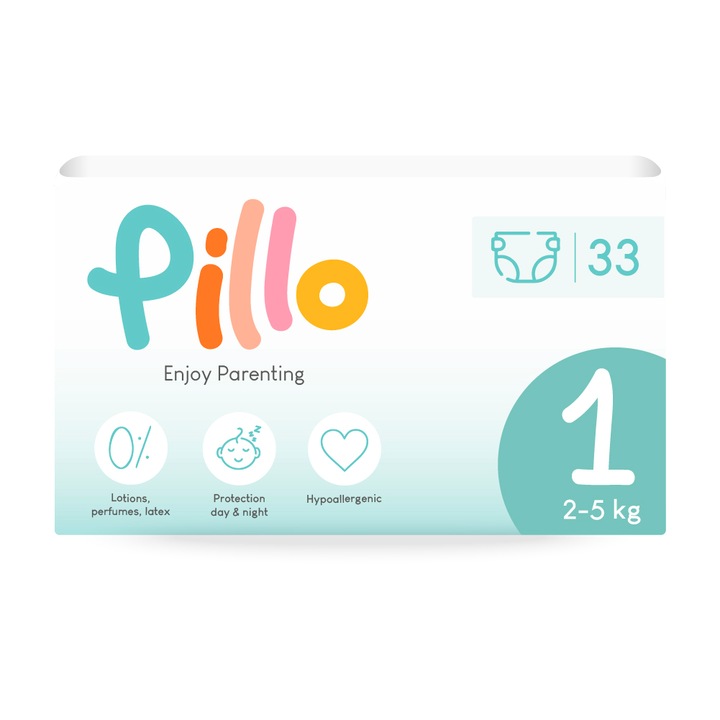 Scutece Pillo, Super absorbant, Hipoalergenic, Sustenabil, Marimea 1, 2-5Kg, 33 buc