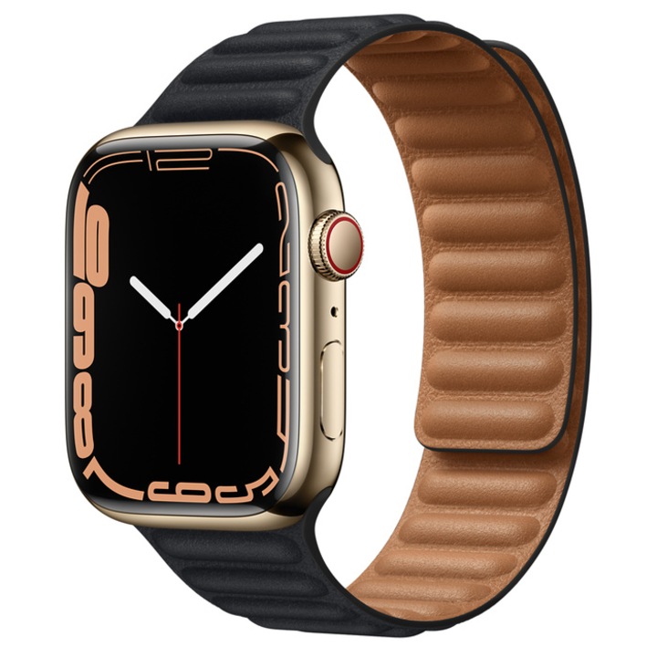 Smartwatch Apple Watch 7, GPS, Cellular, 45mm Gold Stainless Steel Case, Midnight Leather Link S/M