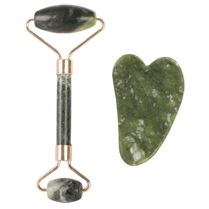 Set rola jad si piatra gua sha pentru masaj facial, corporal, efect de intinerire a pielii si drenaj limfatic, verde, Dactylion®