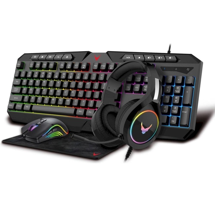 Kit mouse si tastatura gaming Platinet Varr Rainbow Set, Tastatura, Mouse, Mousepad, Casti, Iluminare RGB + Casti cu microfon + Mousepad Negru
