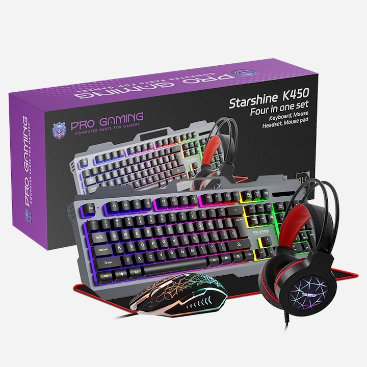 Kit 4 in 1 Pro Gaming K450, Mouse, Tastatura, Casti, Mousepad, RGB, USB