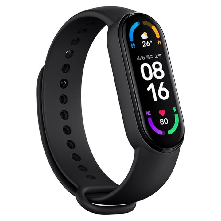 AuroraBand állítható szilikon szíj nőknek/férfiaknak, puha, vízálló és izzadságálló, sportszerű, bőrbarát, kompatibilis a Xiaomi Mi Band 7 Activ Mag-val - fekete