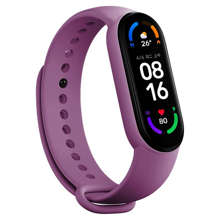 Регулируема силиконова каишка AuroraBand за жени/мъже, мека, водоустойчива и устойчива на пот, спортна, щадяща кожата, съвместима с Xiaomi Mi Band 3/4/5/6 Activ Mag - лилаво