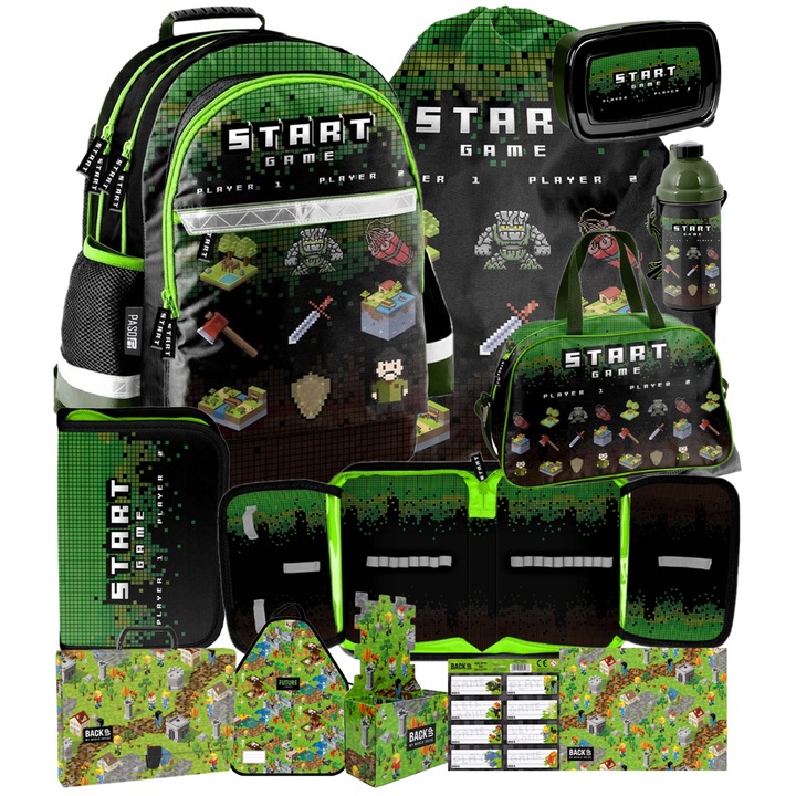 Ergonomikus iskolatáska, cipőzsák, tolltartó, uzsonnás doboz, kulacs, sporttáska, védőkötény, füzetmatricák, asztali alátét, iskolaszer-rendszerező, Minecraft, Pixel fogantyús aktatáska