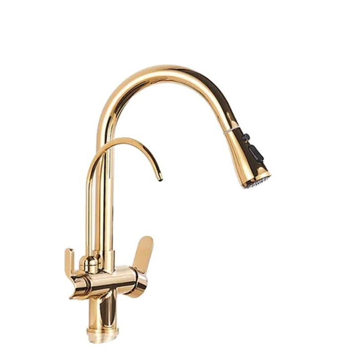 Szaniter csaptelep, 2/3 utas, arany színű, vízszűrővel, mosogatóra szerelhető