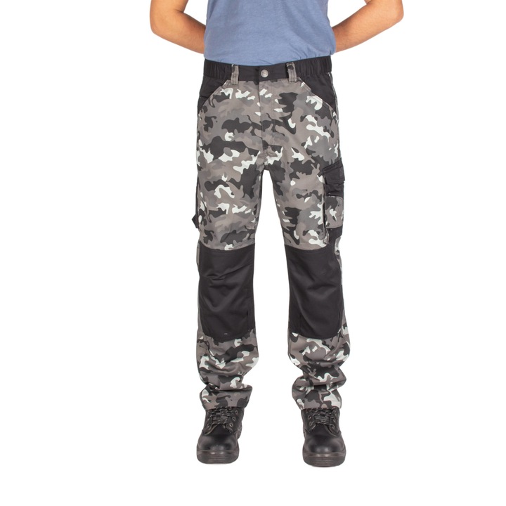 Класически работен мъжки панталон с наколенки и многофункционални джобове, сив камуфлаж, 52