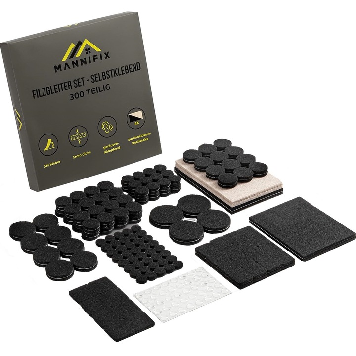 300 db öntapadós MANNIFIX filc padlópárna készlet, széklábakhoz, bútorokhoz, 12 méret