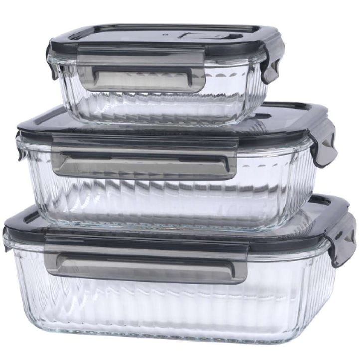 Set 3 recipiente din sticla pentru pranz MG Home Cucina, 1500/1000/400 ml, rezistente la caldura