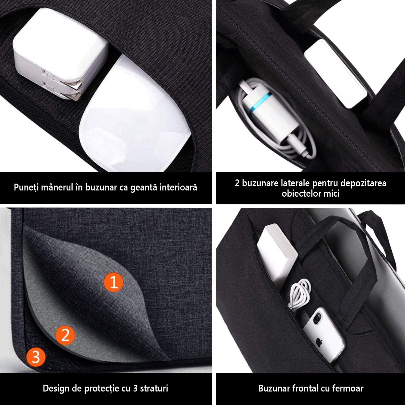 Geanta laptop portabila, Impermeabila, Curea de umar reglabila si detasabila, Geanta universala laptop pentru notebook, ultrabook, Poliester, 16 inch, Negru