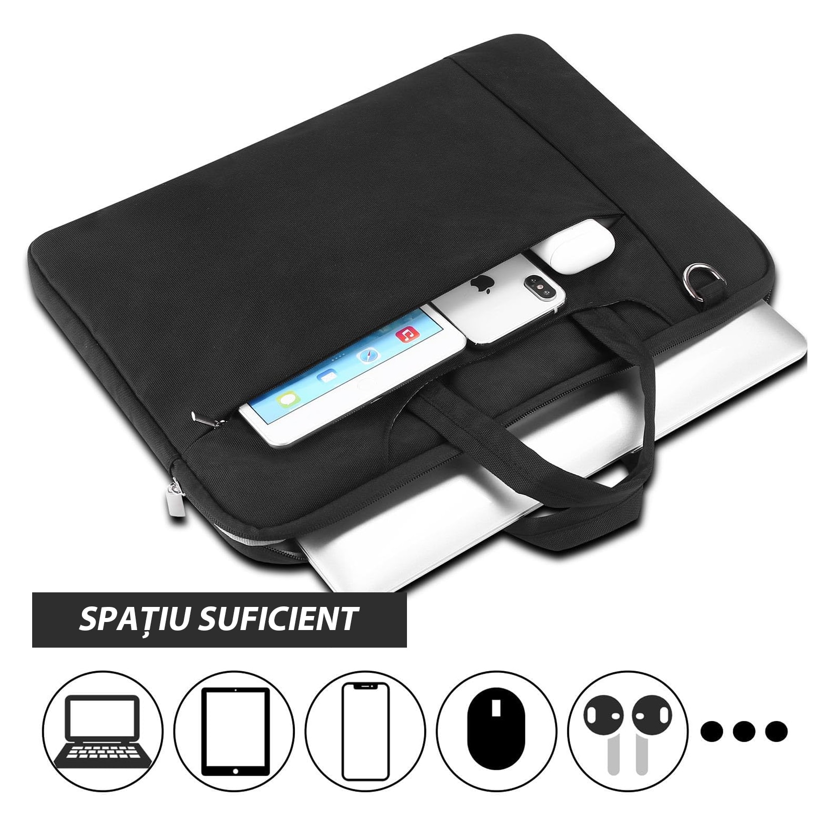 Geanta laptop portabila, Impermeabila, Curea de umar reglabila si detasabila, Geanta universala laptop pentru notebook, ultrabook, Poliester, 16 inch, Negru