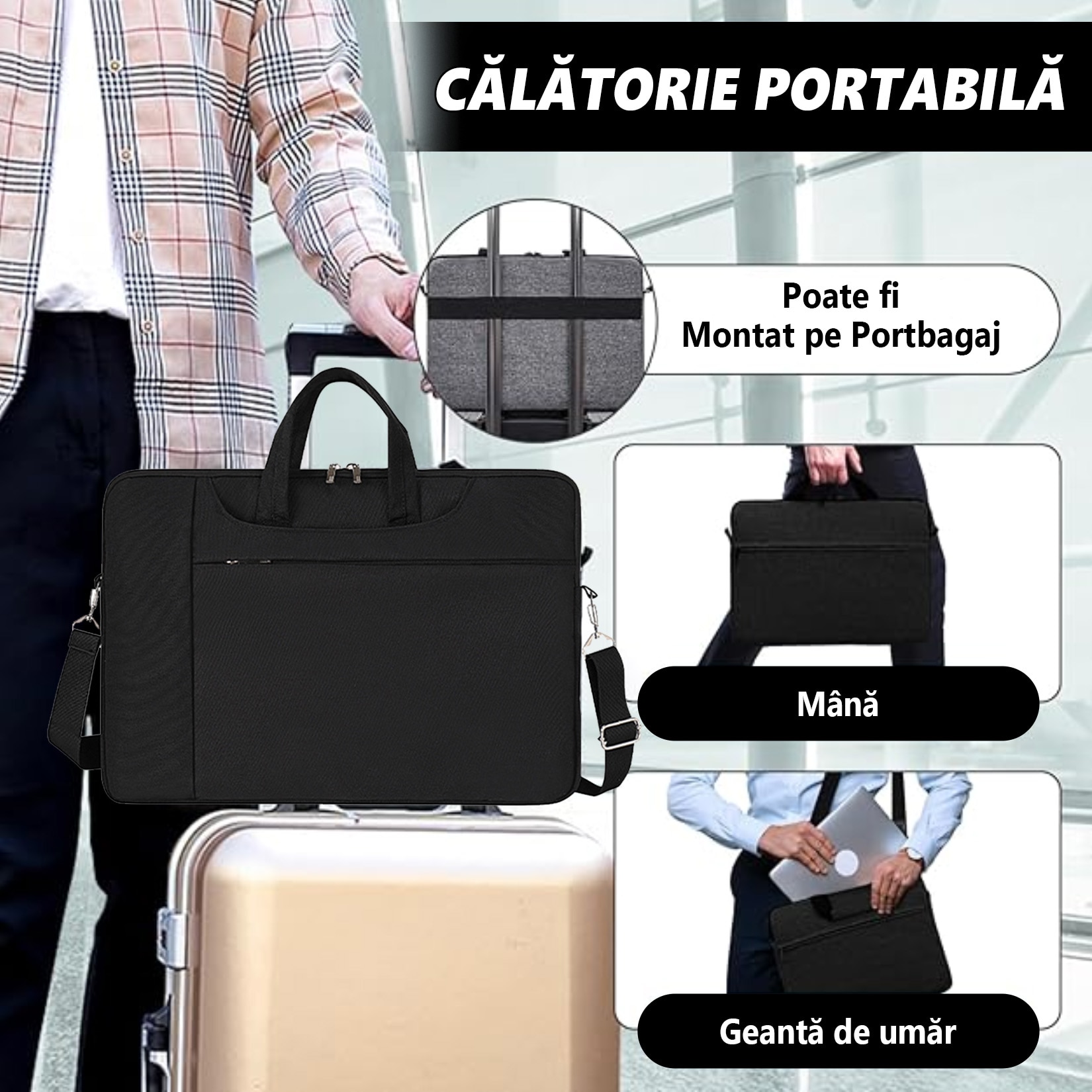 Geanta laptop portabila, Impermeabila, Curea de umar reglabila si detasabila, Geanta universala laptop pentru notebook, ultrabook, Poliester, 16 inch, Negru