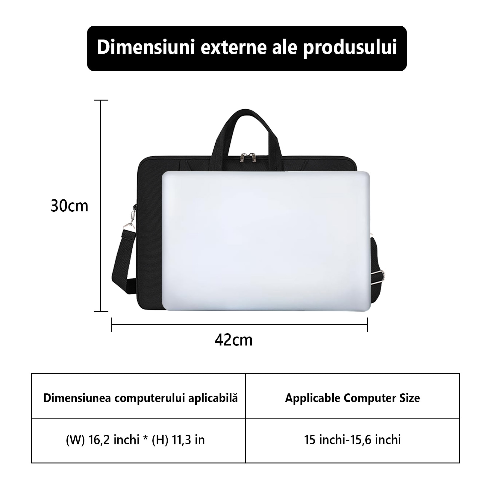 Geanta laptop portabila, Impermeabila, Curea de umar reglabila si detasabila, Geanta universala laptop pentru notebook, ultrabook, Poliester, 16 inch, Negru