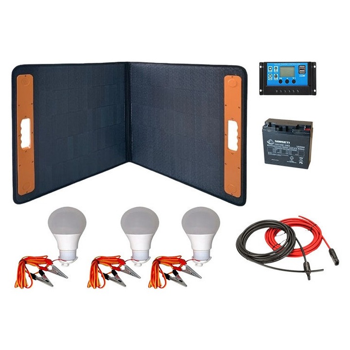 Sistem fotovoltaic panou 300W portabil, controller 20A, baterie 20Ah AGM, conectori, cablu solar si becuri led, camping, outdoor, rulota, iluminat, cabana, Solid Volt