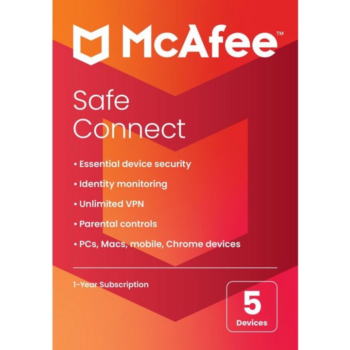 Licenta pentru McAfee VPN Safe Connect 5 Dispozitive 1 An