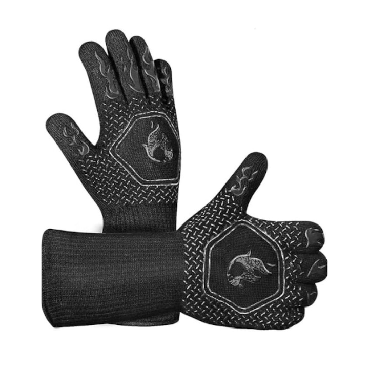 Hőálló kesztyű grillezéshez és konyhához, csúszásmentes, 800°C, 2 db-os készlet, univerzális méret, fekete, Zenseller