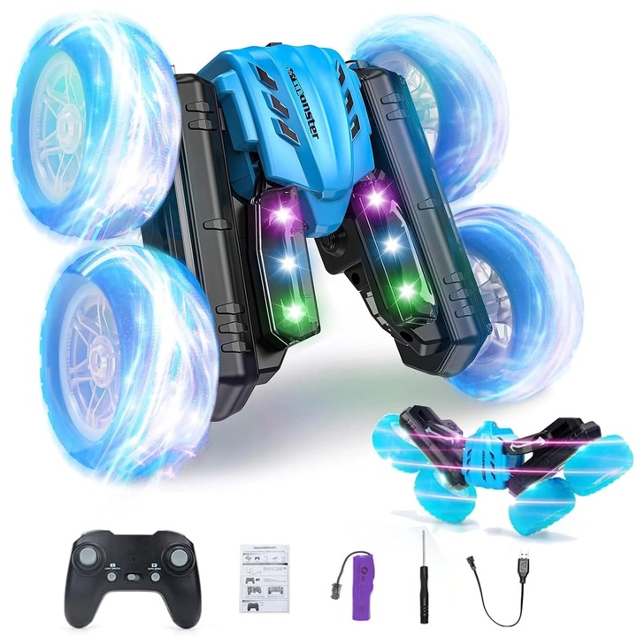 Masina cu telecomanda cu Rotire 360° pentru cascadorii Timebox, 4WD, Off-road, lumini LED, Baterie Reincarcabila, 2,4 Ghz, Pentru copii 3-12 ani, Albastru