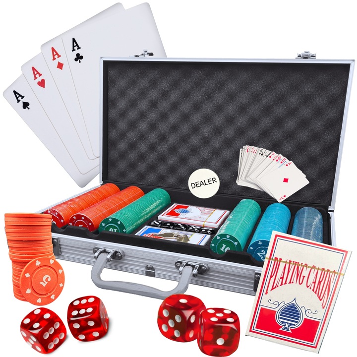Пълен комплект за покер GALAXIA® с 300 чипа, 2 тестета карти, кутия и 5 червени зара, стилен калъф за ключове