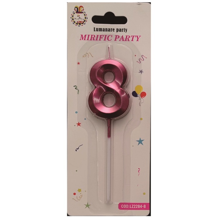 Lumanare tort, culoare roz metalizat, 12 cm, cifra 8