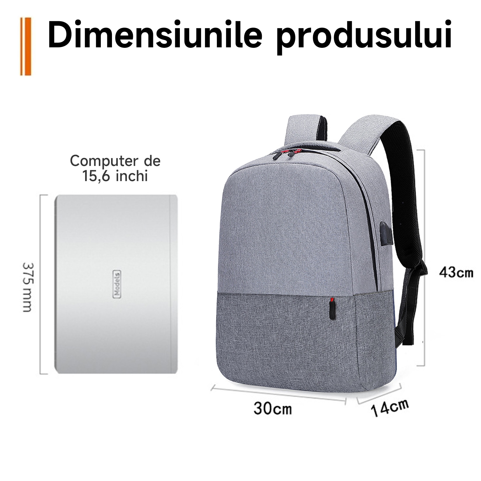 Rucsac pentru laptop, ZUNSEAT, Smart Casual, cu Port USB, Buzunar antifurt, Impermeabil, Nylon, laptop 15.6’’ multifunctional, pentru calatorii, business, Impermeabil, Gri