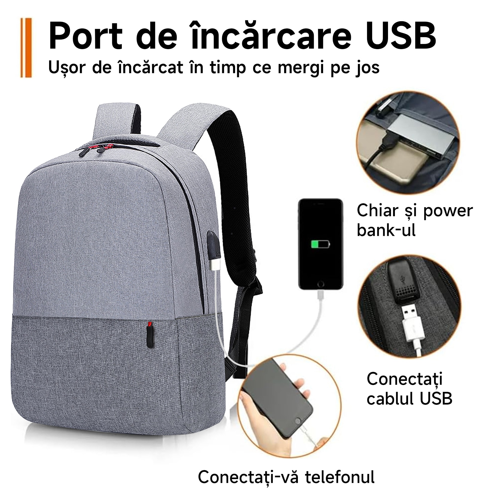 Rucsac pentru laptop, ZUNSEAT, Smart Casual, cu Port USB, Buzunar antifurt, Impermeabil, Nylon, laptop 15.6’’ multifunctional, pentru calatorii, business, Impermeabil, Gri