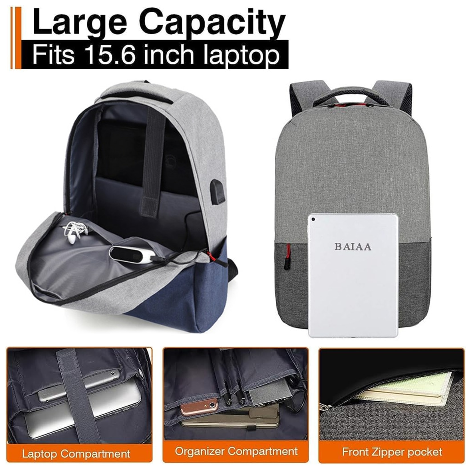 Rucsac pentru laptop, ZUNSEAT, Smart Casual, cu Port USB, Buzunar antifurt, Impermeabil, Nylon, laptop 15.6’’ multifunctional, pentru calatorii, business, Impermeabil, Gri