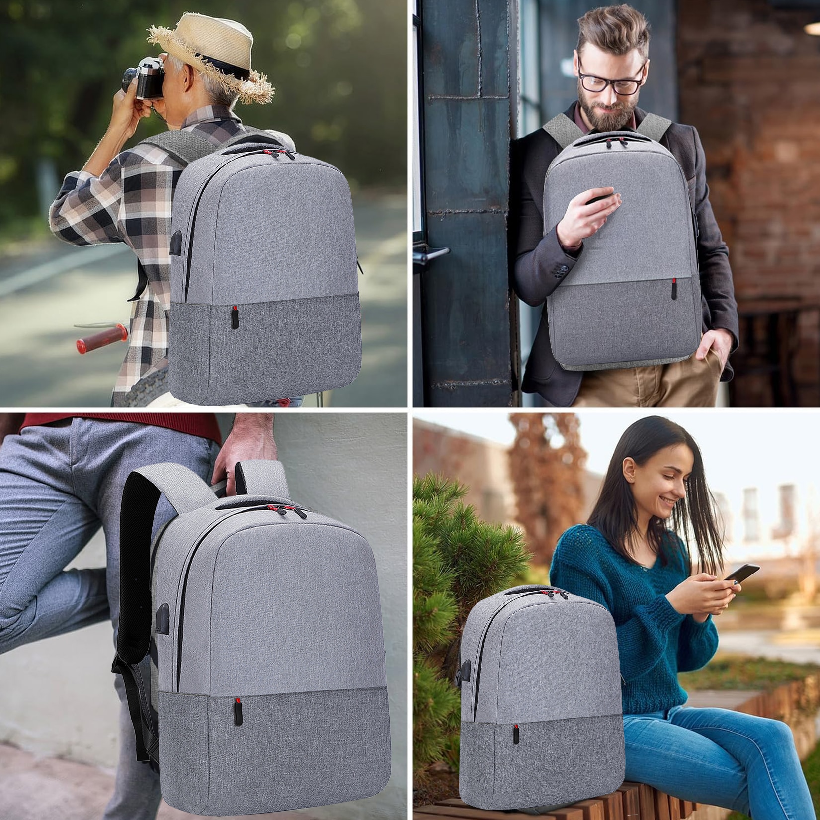 Rucsac pentru laptop, ZUNSEAT, Smart Casual, cu Port USB, Buzunar antifurt, Impermeabil, Nylon, laptop 15.6’’ multifunctional, pentru calatorii, business, Impermeabil, Gri