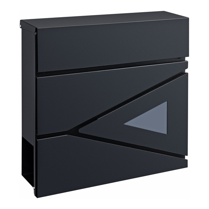 Antracitszürke fémes postaláda újságok/magazinok támogatásával és kilátó ablakkal, 37x37x10 cm