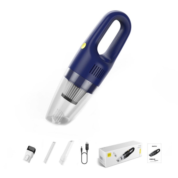Vezeték nélküli autóporszívó, teljesítmény 120 W, szívási teljesítmény 5000pa, HEPA szűrő, USB-C töltés, Li-ion akkumulátor, kompakt, kék