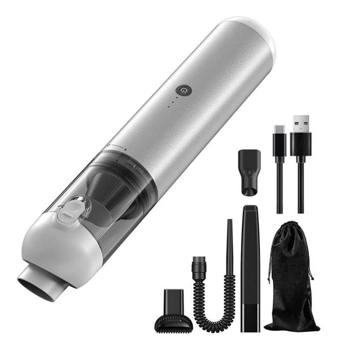 Autós porszívó, nagy szívóerő, hordozható, kézi, vezeték nélküli, mosható HEPA szűrő, USB-C töltés, lítium-ion akkumulátor, kompakt, könnyű, ezüst fehér