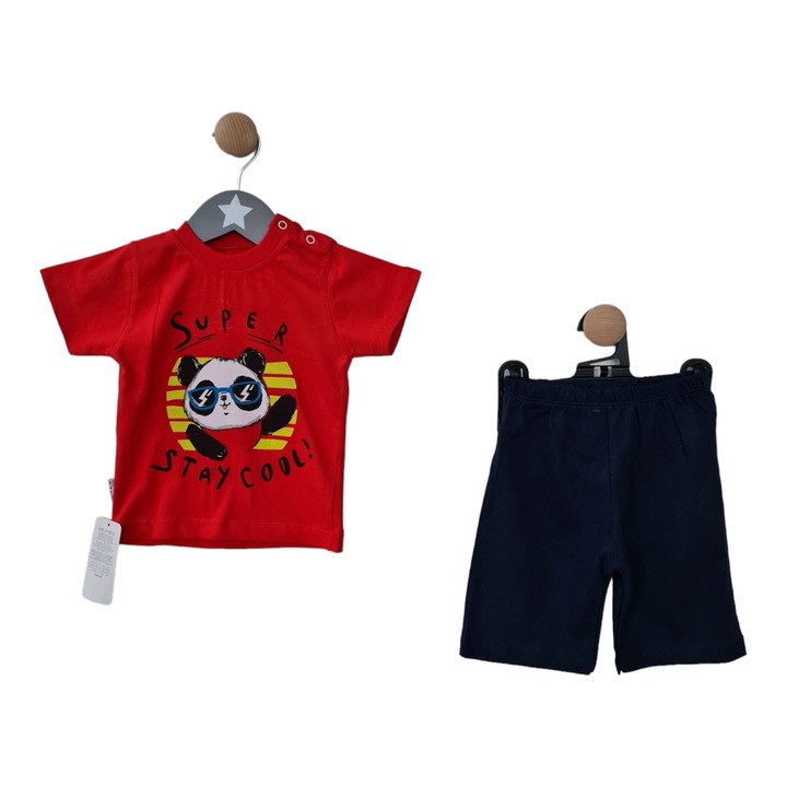 Compleu baieti, 2 piese, tricou rosu cu imprimeu Panda, pantaloni scurti bleumarin, bumbac, Rosu/Bleumarin inchis