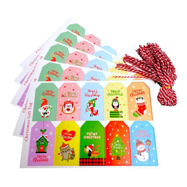 Комплект от 50 бр коледни правоъгълни етикети с канап, Createur, модел 5