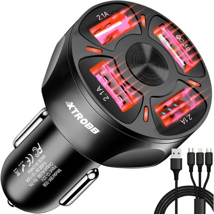 Szivargyújtó autós töltő, 4 USB port, 2.1A, QC3.0, LED kijelző, 12-32 V, adatkábel 1,15 m 3 az 1-ben Micro USB/Lightning/USB Type-C mellékelve, fekete