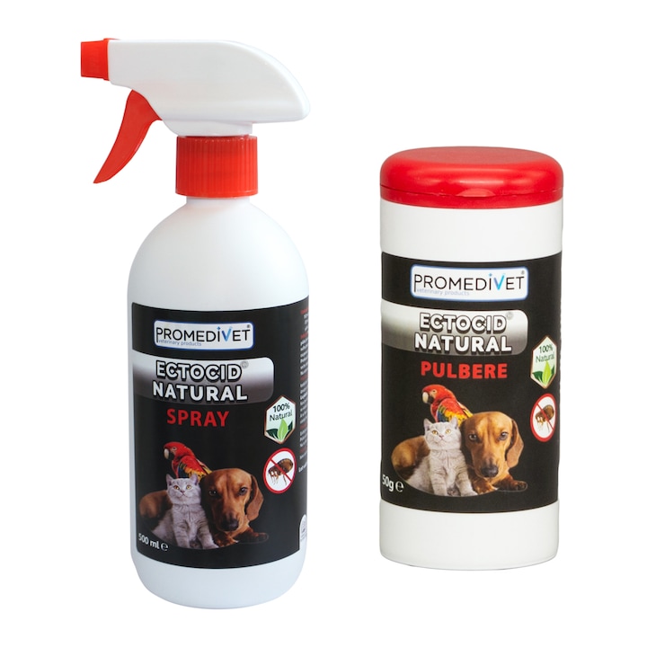 Препарат против бълхи за кучета, котки и птици в клетка Ectocid Natural Spray Antiparasitic Package, 500 ml, Прах с растителен екстракт, 50gr, за бълхи и въшки при животни