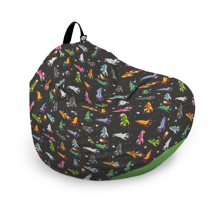 Husa exterioara Updeco Puf Bean Bag tip Para XL, fara umplutura, impermeabil, cu maner, 90 x 90 x 60 cm, retro space ships
