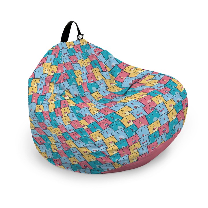 Husa exterioara Updeco Puf Bean Bag tip Para L, fara umplutura, impermeabil, cu maner, 80 x 80 x 55 cm, invazia pisicilor albastru